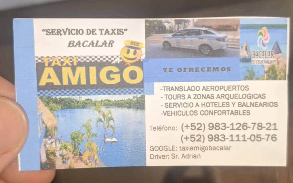 Business card for Bacalar Taxi. How to get to Bacalar.