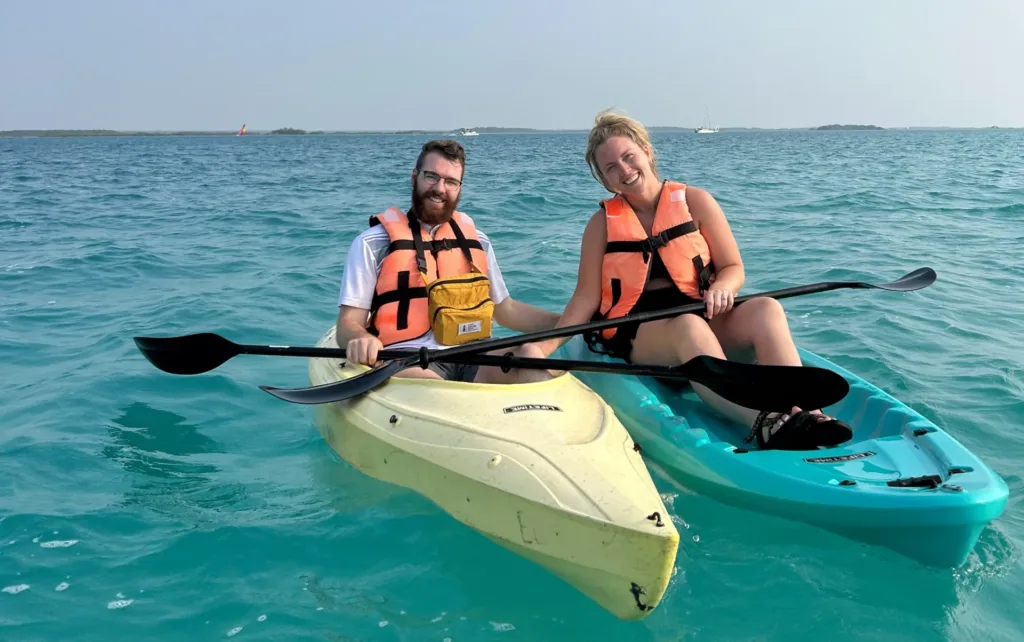 Ellie and Tyler in Bacalar Lagoon Kayaks. Kayak Rentals in Bacalar Lagoon.